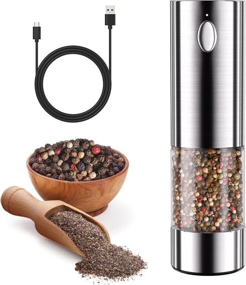 Electric Salt and Pepper Grinder, Rechargeable Automatic Pepper Mill with Type-C Cable, Adjustable Coarseness with Bright LED Light, 1.8oz Capacit...