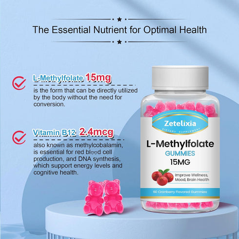 2 Pack L-Methylfolate 15mg Gummies, Folate & Vitamin B12 Supplement for Adult, Active Folic Acid Supplement for Brain & Mood Support, Non-GMO, Veg...