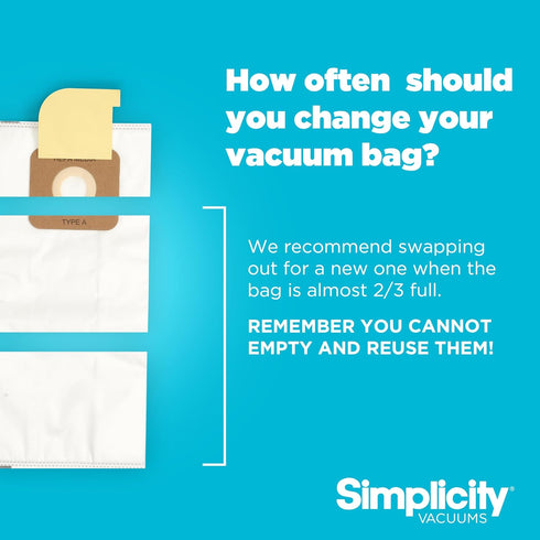 Simplicity Vacuums SAH-6 Certified Hepa Vacuum Replacement Bags, Fits with S20EZM Allergy Upright Vacuum Cleaner, Symmetry and 6 Series, Type A Ba...