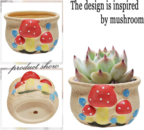 Mushroom Plant Pot Ceramic Small Cute Succulent Pots 4 Inch Flower Pots for Indoor Plant/Succulent/Cactus Mushroom Decor (Red)...