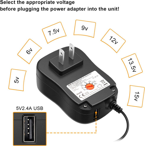 Powseed 45W Universal AC Adapter with 5V 2A USB Port 5V 6V 7.5V 9V 12V 13.5V 15V 3A 2A 1A DC Power Supply Cord with 8 Tips Micro USB 5.5x2.1mm 5.5...