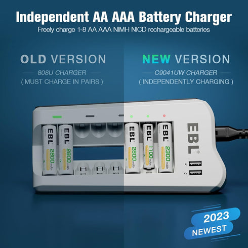 EBL 2300mAh Ni-MH AA Rechargeable Batteries (16 Pack) and Rechargeable AA AAA Battery Charger with 2 USB Charging Ports...