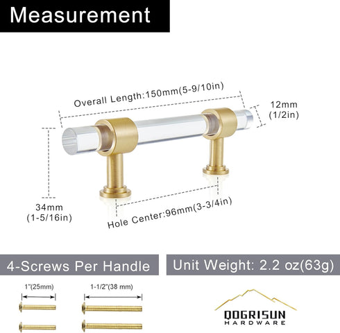 QOGRISUN 2-Pack Acrylic Cabinet Pulls with Brass Base, Gold Modern Drawer Handles, 3-3/4-inch Hole Center for Kitchen, Dresser Drawer Clear Glass ...