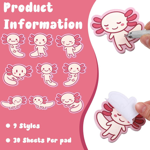 Nuenen 9 Pads Axolotl Sticky Notes Cute Sticky Notes Axolotl Gifts Kawaii Notepad Cute Memo Pads Cartoon Self Stick Pads for Writing Studying Scho...