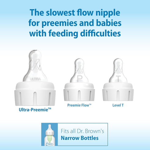 Dr. Brown's Ultra-Preemie Narrow Baby Bottle Nipple, Specialty Extra Slow Flow Rate, 100% Silicone Bottle Nipple, BPA Free, 0m+, 6 Pack...