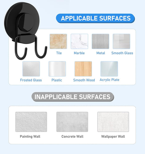 VIS'V Suction Cup Hooks, Black Shower Suction Hooks Bathroom Heavy Duty Vacuum Suction Cup Double Hooks Removable Reusable Suction Hanger Holders ...