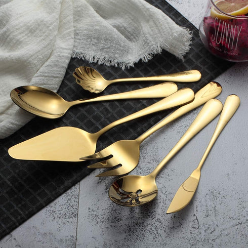 Berglander Stainless Steel Titanium Plated Flatware Serving Set, 6 Pieces, 5 Serving Sets of 45 Pieces Flatware With 1 Cake Server, Shiny Golden S...