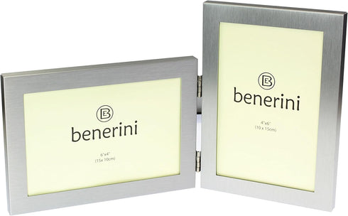 Brushed Aluminium Satin Silver Colour Twin 2 Picture Double Folding Photo Frame Gift - Takes 2 Standard 6 x 4 inch photographs (1 Landscape and 1 ...