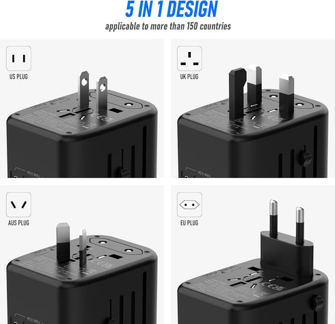 Universal International Power Travel Plug Adapter, 5 in 1 European Travel Plug Adapter W/ 3.5A 2xUSB-A and 2xUSB C Wall Charger and Worldwide AC O...