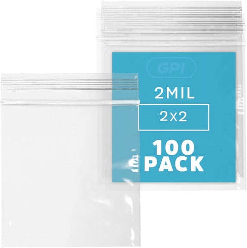 CLEAR PLASTIC RECLOSABLE ZIP BAGS - Bulk GPI Pack Of 100 2" x 2" 2 mil Thick Strong Poly Baggies With Resealable Zip Top Lock For Pills, Meds, Jew...