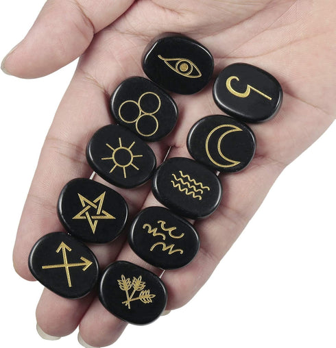 Amogeeli Black Obsidian Witch Rune Stones Set of 10pcs, Gypsy Symbol Engraved Crystal for Divination...