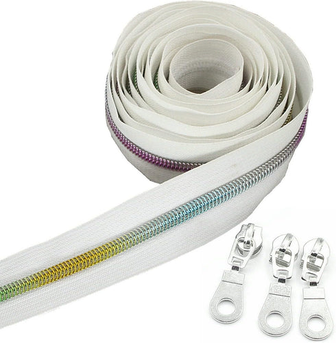Leekayer #5 Metallic Nylon Coil Zippers by The Yard Colorful Teeth Zipper Bulk 10 Yards White Tape with 25pcs Silver Sliders for DIY Sewing Tailor...