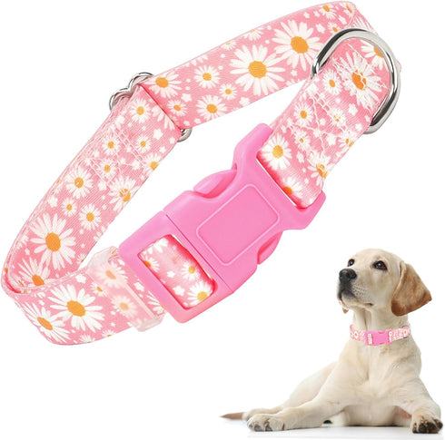 Girl Dog Collars with Daisy Patterns, Cute Pink Dog Collar for Female Dogs, Adjustable Soft Durable Pet Collars for XS Small Medium Large Dogs (L)...