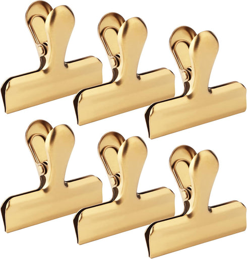 6pc-3 Inch Wide Stainless Steel Paper Clamps Heavy Duty Food Bag Clamp,Seal Clip, Chip Clips Metal Hinge Clip File Clamps for Kitchen&Office (Gold...