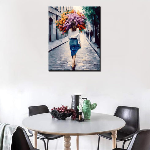 Lady Holding Bouquet Oil Painting Paint by Number Kits 16 x 20 inch Canvas Woman Walk on Street Graffiti DIY Painting for Kids Students Adults Beg...