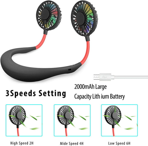 Portable Neck Fan, USB Rechargeable Fan with 3 Speeds Adjustable, Neck Fans Portable Rechargable Prime with LED Lights - Black...