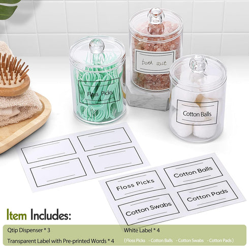 AOZITA 3 Pack Qtip Holder Dispenser for Cotton Ball, Cotton Swab, Cotton Round Pads, Floss - 10 oz Clear Plastic Apothecary Jar Set for Bathroom C...