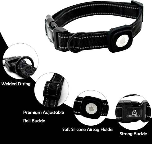 Lionheart glory Airtag Dog Collar Reflective Dog Collars with Airtag Hloder Female Male Black Collar Dog Adjustable Durable Soft Classic Collar fo...