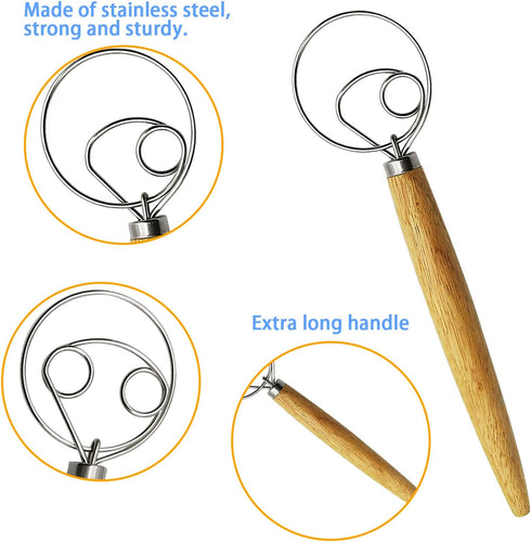 Danish Dough Whisk Bread Mixer&Egg Whisk Kits, 2 Pack Premium Stainless Steel Dutch Whisk & 1 Pack Hand Push Rotary Whisk Blender Pastry or Pizza ...