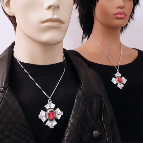 Medallion with Red Cabochon Medieval Renaissance Silver Finish Pendant Necklace...