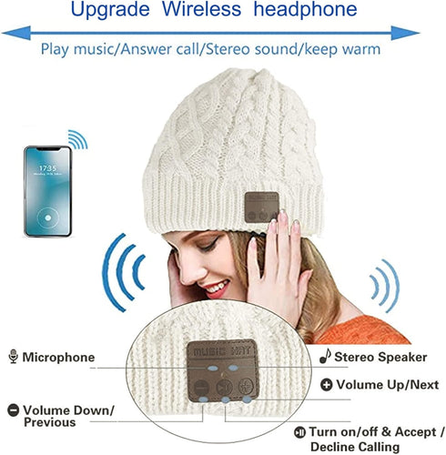 Wireless Beanie Hat Men Women Headphone Music Hat Winter Cap Stereo Headset Speaker Microphone Earphone Outdoor (White)...