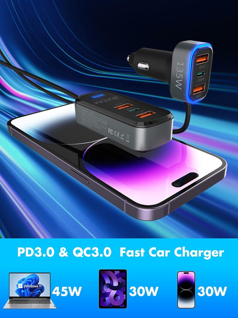 Car USB Charger Multi Port, 135W 6-Port PD 45W 30W & QC3.0 30W Multiple Car Charger, Cigarette Lighter USB Charger for Multiple Devices with 5FT C...