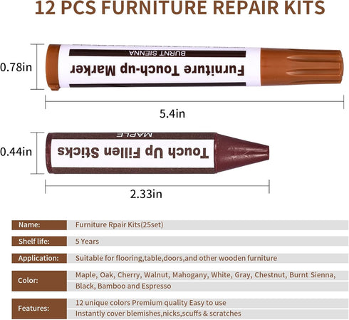 Furniture Repair Kit Wood Markers - Markers and Wax Sticks for Stains, Scratches, Wood Floors, Tables, Desks, Carpenters, Bedposts, Touch Ups, and...