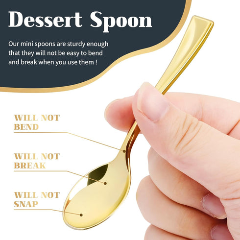 Kucoele 4 Inches Gold Mini Plastic Spoons, 100 Pack Disposable Small Dessert Spoons Heavy Duty Tiny Tasting Spoons for Appetizers, Puddings, Ice C...