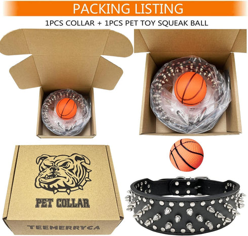 teemerryca Sturdy Wide Black PU Leather Silver Spiked Dog Collars with a Squeak Ball for Medium Large Breed Boy Pet, Pit bulls/Bulldog/Boxer/Dober...