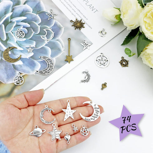 JIALEEY Celestial Mixed Sun Moon Star Charms, Wholesale Bulk Lots Antique Alloy Charms Pendants DIY for Necklace Bracelet Jewelry Making and Craft...