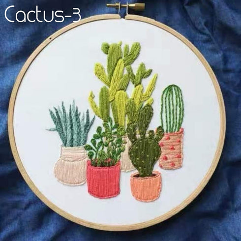 Highkick Embroidery Starter Kits for Adults Beginners with Stamped Pattern, Embroidery Floss + Needles + Hoop, Cactus Series, 3 Pack...