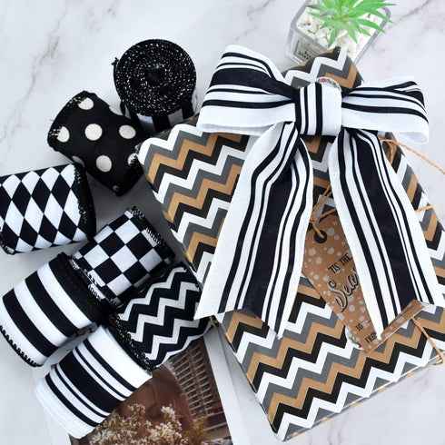 TONIFUL 2.5 Inch Black and White Striped Wired Edge Ribbon, Burlap Ribbon, Blakc White Wired Ribbon for Gift Wrapping, Wreath Bows Making, Crafts ...