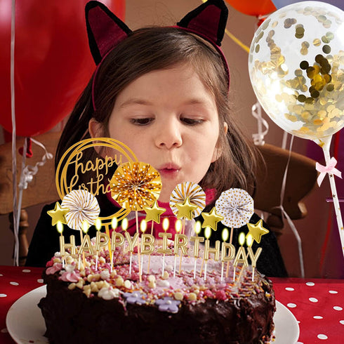 BEAN LIEVE Birthday Candles Set - Cake Topper Decoration with Cake Candles Confetti Balloon Stars and Fan Cupcake Toppers 12 Pieces Birthday Cake ...