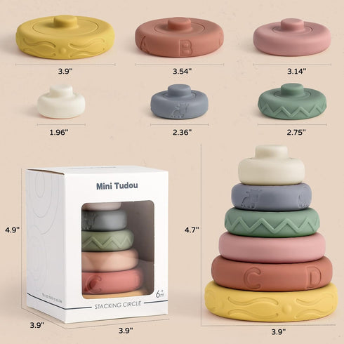 Mini Tudou 6 Pcs Stacking & Nesting Circle Toy,Soft Building Rings Stacker & Teethers,Squeeze Play with Early Educational Learning Stacking Tower,...