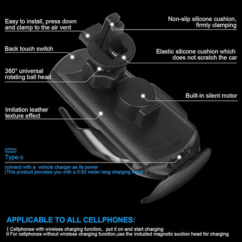 Wireless Car Charger,15W Qi Fast Charging, Automatic Sensor Auto-Clamping Car Phone Holder, Windshield Dashboard Air Vent Car Phone Mount, Q3-US...
