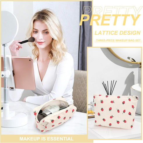 Makeup Bag 3 Pieces Large Capacity Checkered Cosmetic Bag Canvas Travel Toiletry Bag Organizer Cute Makeup Bag Pouch Storage Bag for Women(Beige S...