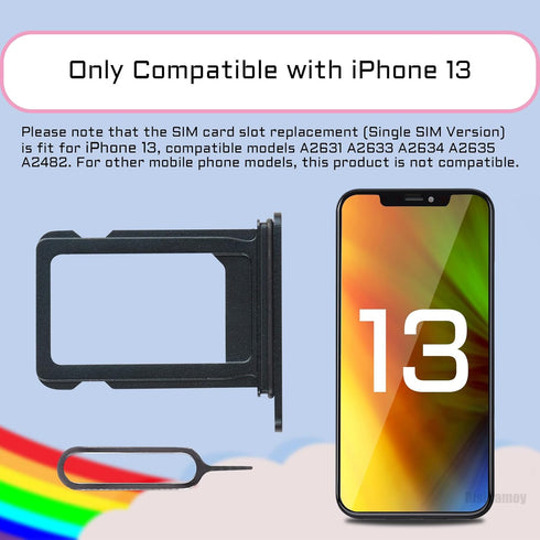 for iPhone 13 Black SIM Card Slot Replacement Single SIM Version Card Tray Holder Adapter with Waterproof Rubber Ring Repair Tool Fix Kit SIM Ejec...