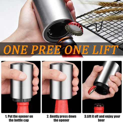 Premium Automatic Beer Bottle Opener (Stainless Steel), No Damage to Caps, Portable Push Down and Pop Off Magnetic Cap Catcher, QUICK Fun Bartende...