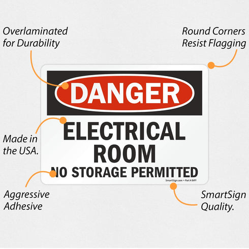 SmartSign - U9-1313-ND_5x7 "Danger - Electrical Room, No Storage Permitted" Label | 5" x 7" Laminated Vinyl Black/Red on White...