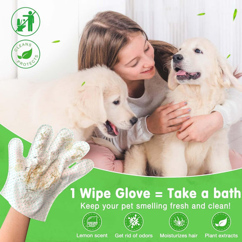 15 Count Dog Wipes Plant Oil Grooming Gloves Enhanced Cleaning Deodorizing Bath Wipes Waterless Cat Shampoo Pets Wipes for Paws, Butt, Face and Fu...