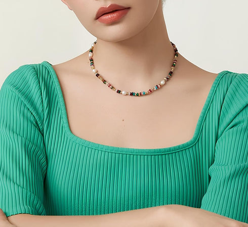 Colorful Beaded Gemstone Neckelace for Women Natural Stone Freshwater Pearl Necklace Colorful Rainbow Boho Bead Choker Necklace Charm Jewelry...