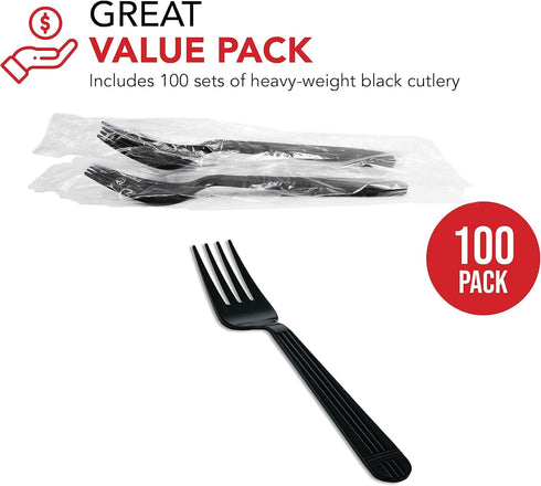 Party Essentials Individually Wrapped Black Plastic Utensil Sets/Heavy Duty Flatware Packs, Fork, 100 Sets...