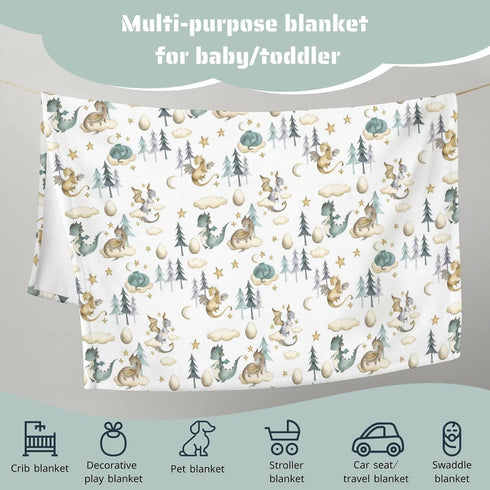 Watercolor Cute Dragon Fairy Tale Baby Blanket for Boy Gift, Cloud Moon Star Dragons Egg Flannel Fleece Nursery Bed Blankets, Soft Lightweight New...