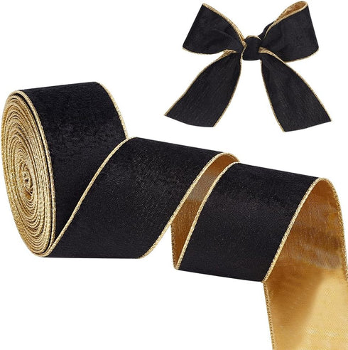 OLYCRAFT 10 Yards Velvet Wired Ribbon 2.5 Inch Black Gold Soft Velvet Ribbon Wired Black Flat Cotton Ribbons with Gold Backing for Gift Wrapping D...