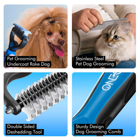 OneCut Pet Grooming Brush and Metal Comb Combo, Pet Grooming Rake and Brushes for Small, Medium & Large Dogs Double Sided Deshedding Tool Removes ...