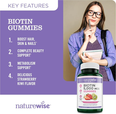 NatureWise Biotin Gummies - Hair, Skin and Nails Vitamin - Biotin 5000mcg Supports Hair and Nail Strength - Strawberry-Kiwi Flavor - Vegan, Non-GM...
