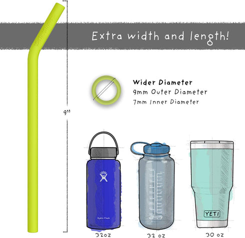 Wide Premium Reusable Silicone Drinking Straws + Patented Straw Squeegee - 9” Long With Curved Bend for 20 30 32 oz Tumblers Non Rubber, Flexible,...