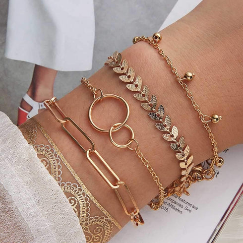 Boho Stackable Circle Bracelet Set Gold Fish Bone Layered Beaded Paperclip Link Bracelet Chain Jewelry for Women(4PCS)...