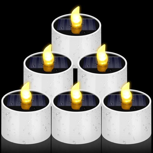 6 Pcs Solar Tea Lights Outdoor Waterproof 2 x 2.2 Inches Candle Flameless Flicker Rechargeable Reusable LED Dusk to Dawn Tealight Candles for Wedd...