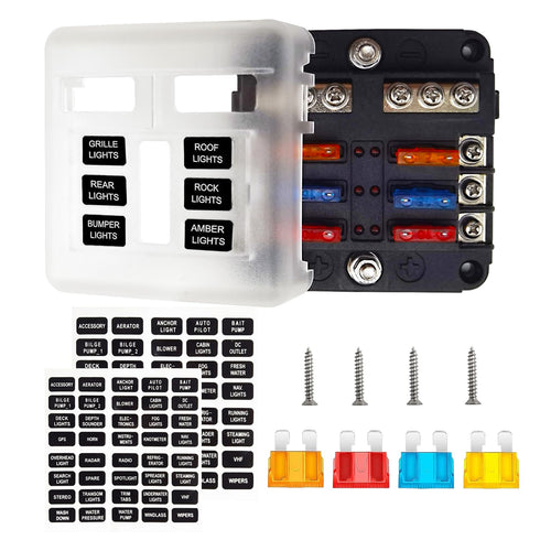 6 Way Fuse Block, 12V Waterproof Boat Fuse Panel with LED Warning Indicator Damp-Proof Cover, 6 Circuits with Negative Bus Fuse Box for Auto Car M...